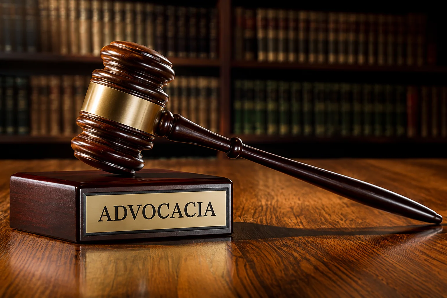 Martelo da Justiça sobre mesa de madeira com placa Advocacia